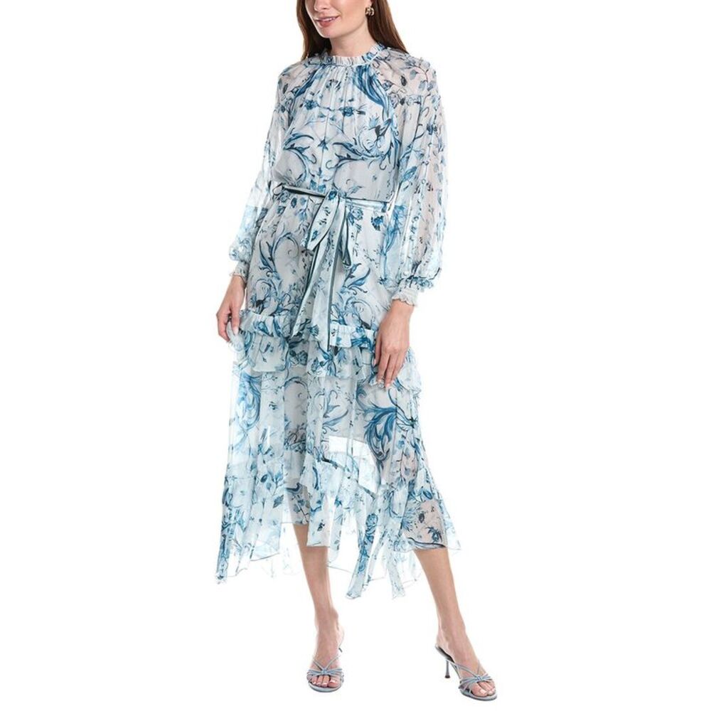 Marchesa Notte Womens  Ruffle Silk Chiffon Maxi Dress, Blue